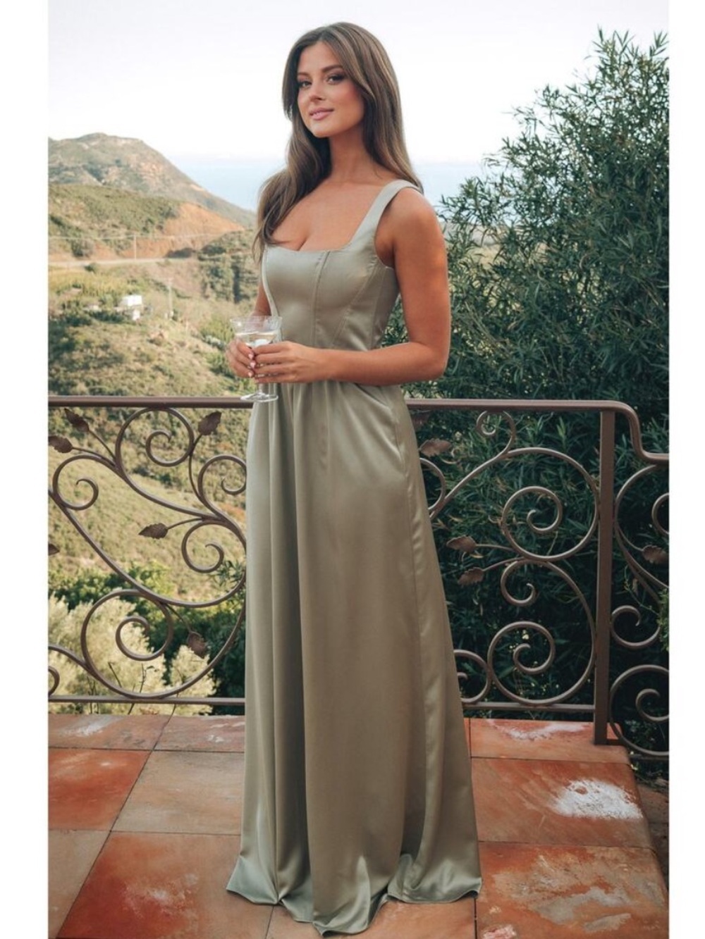 Show Me Your Mumu Nina Maxi Dress in Moss Green Luxe Satin Medium Corset - Picture 4 of 11